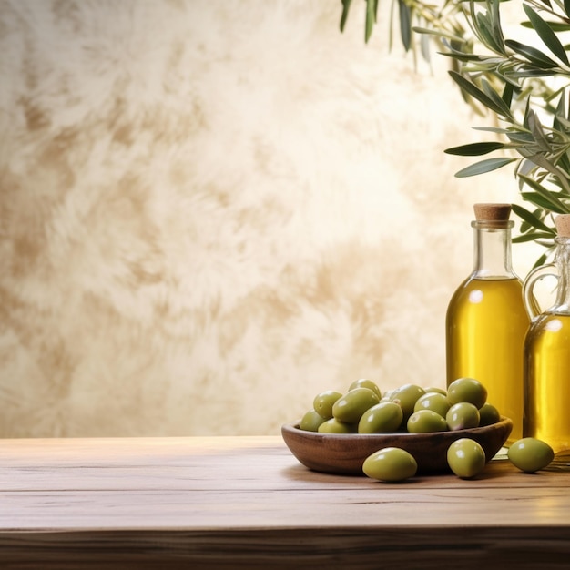 Bottle olive oil olives wooden tables green wallpaper iamge AI generated art