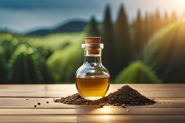 a bottle of olive oil sits on a table in the forest.