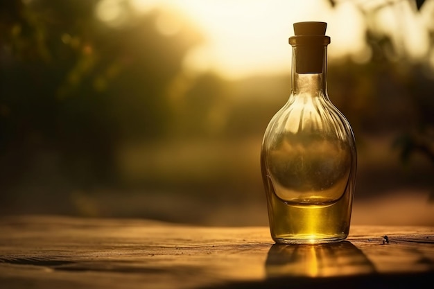 A bottle of olive oil sits on a table in front of a sunset.