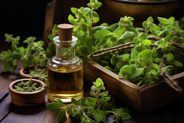 a bottle of olive oil sits on a table next to a plant.