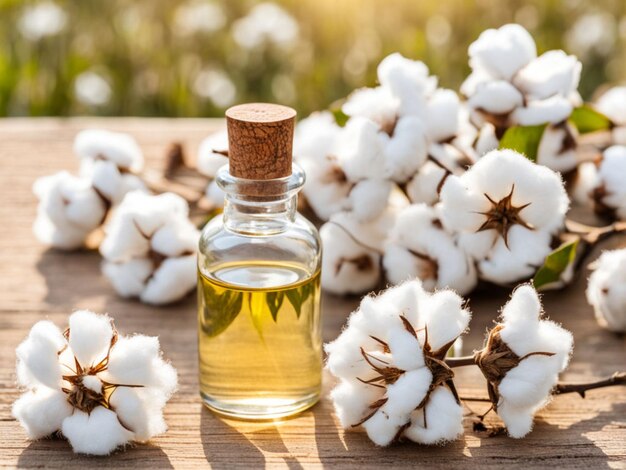 Photo a bottle of olive oil sits on a table with a bunch of cotton