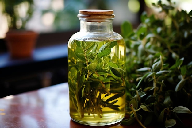 бутылка оливкового масла стоит на столе с другими растениями.