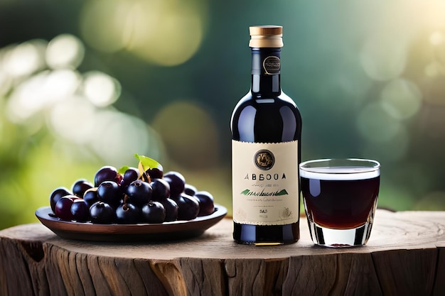 a bottle of olive oil sits on a wooden table next to a bowl of grapes.