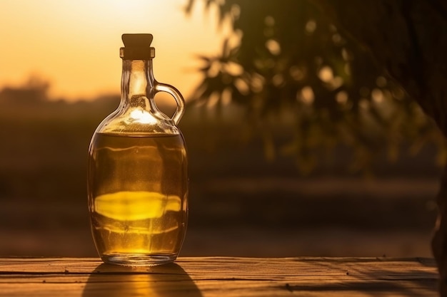 A bottle of olive oil sits on a wooden table in front of a sunset.