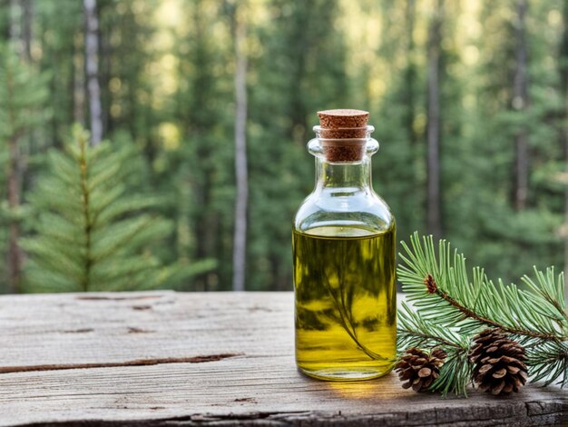 Photo a bottle of olive oil sits on a wooden table with pine trees in the background