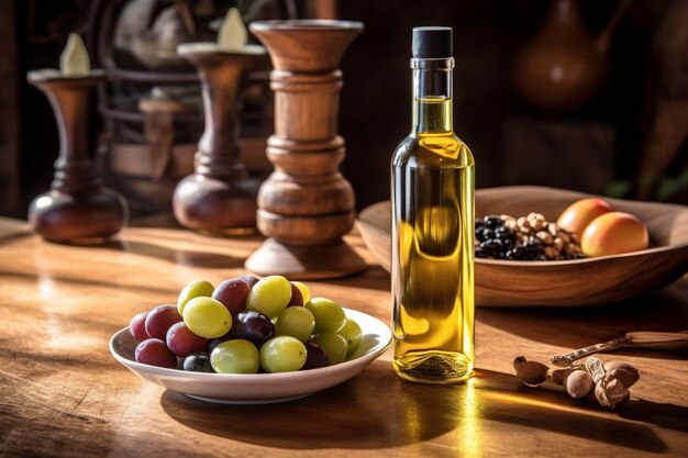 A bottle of olive oil sits on a wooden table next