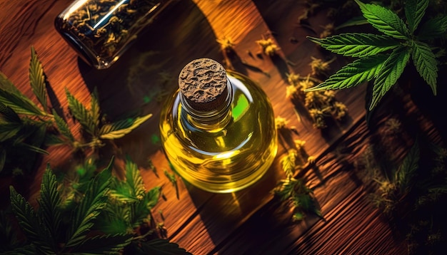 a bottle of olive oil sits on a wooden table