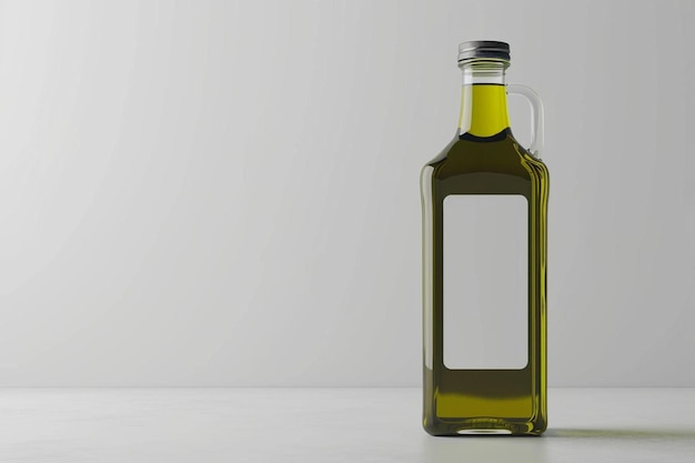 Foto una bottiglia di olio d'oliva seduta su un tavolo.