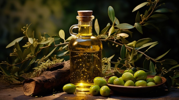 Bottle of olive oil and some green olives on tree