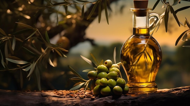 Bottle of olive oil and some green olives on tree