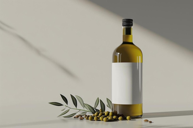 Photo a bottle of olive oil next to some olives