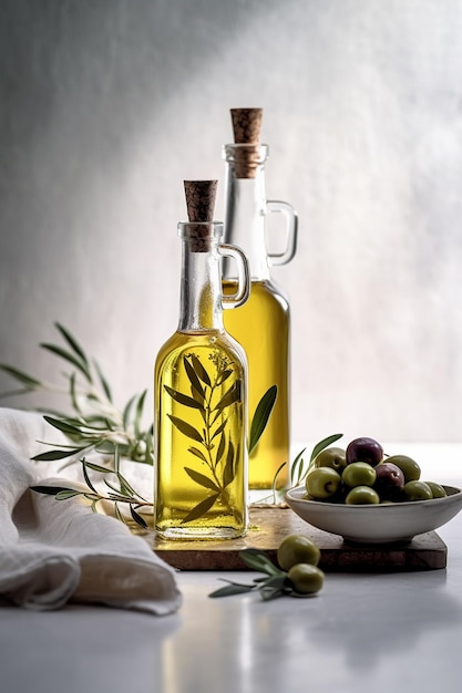 Bottle of Olive oil on table with branches and olives in crop field full of olive trees Generated with AI