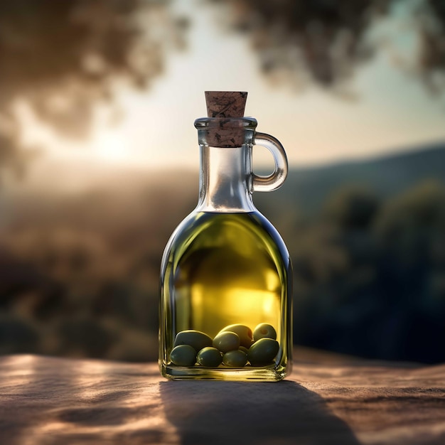 A bottle of olive oil with a cork in the bottom.