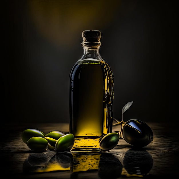 A bottle of olive oil with a cork cap on a table with a dark background and some olives on the table