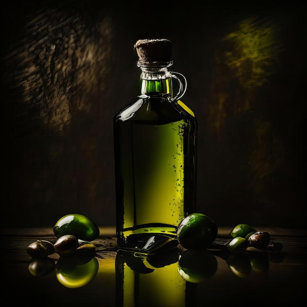 A bottle of olive oil with a cork cap on a table with a dark background and some olives on the table