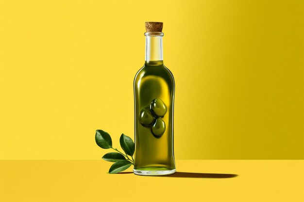 A bottle of olive oil with a green background