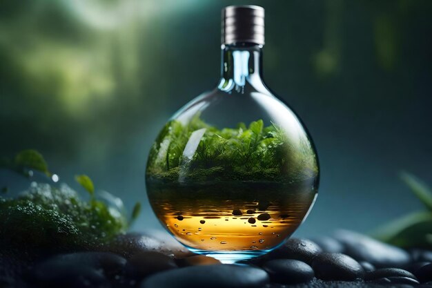A bottle of olive oil with a green background