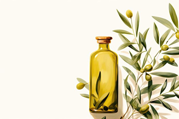 A bottle of olive oil with green leaves on a white background in the style of mediterraneaninspired