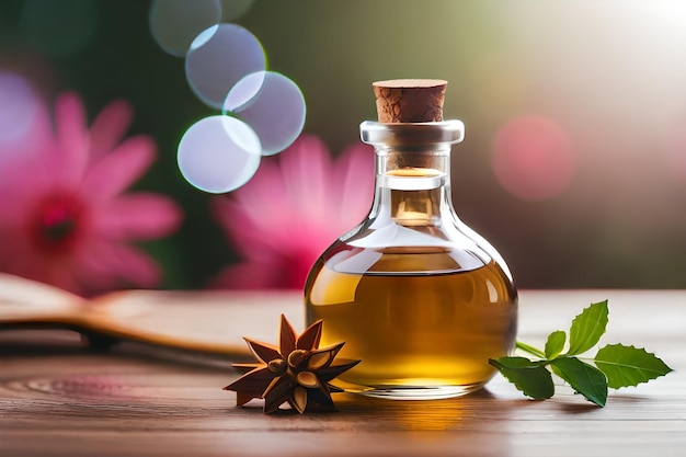 бутылка оливкового масла с листьями на деревянном столе.