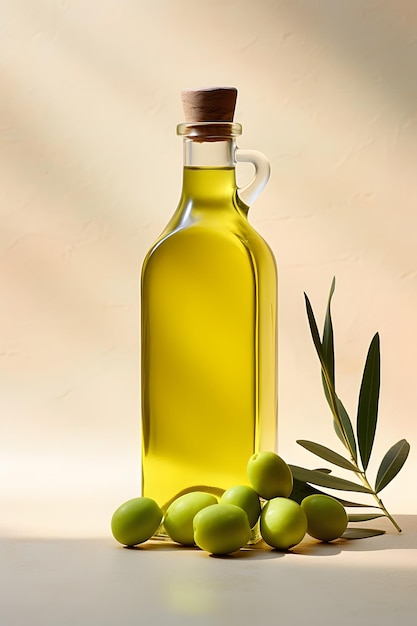 bottle of olive oil with olive branch white lighting studio light