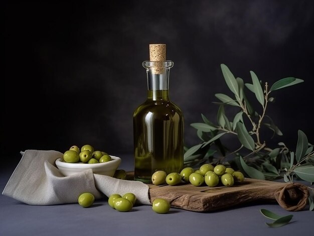 A bottle of olive oil with olives and leaves on a table with a dark background ai generative