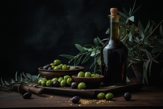 A Bottle of Olive Oil with Olives and Leaves