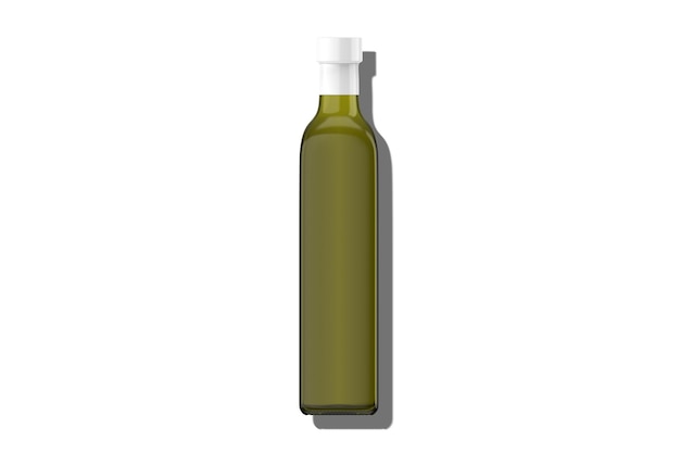 A bottle of olive oil with a white cap on a white background.