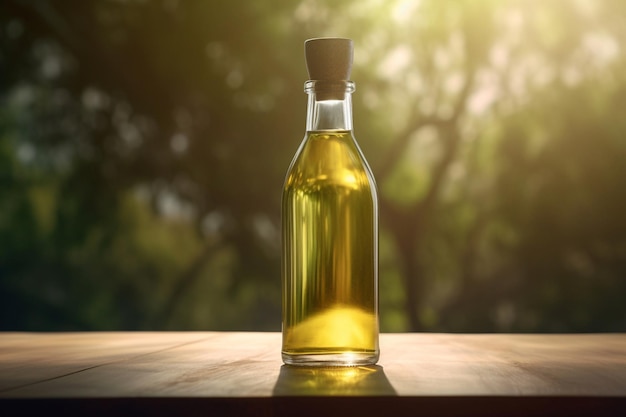 A bottle of olive oil with a wooden top that says olive oil on it.