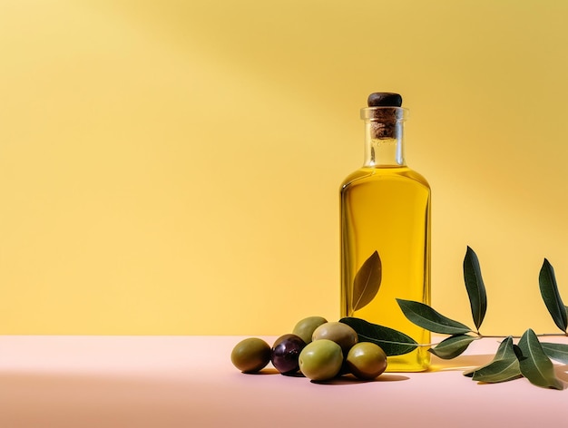 A bottle of olive oil with a yellow background and some olives on the table ai generative