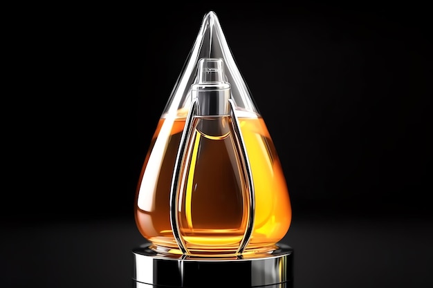 A bottle operfume is on a black table