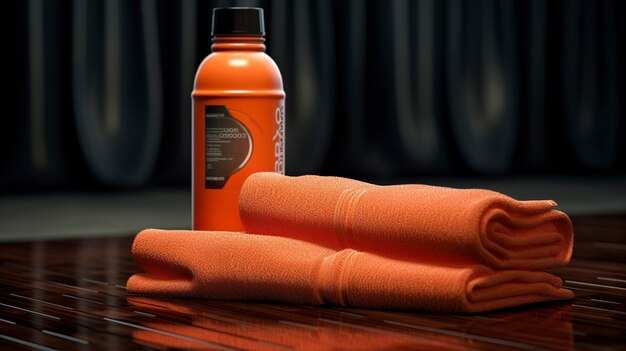 オレンジ色のヘアドライヤーのボトルが自然と書かれたタオルの隣にあります