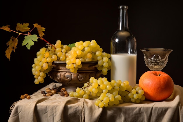 Photo a bottle of orange juice next to a bunch of grapes