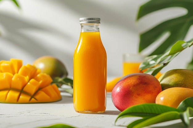 бутылка апельсинового сока рядом с гроздью манго