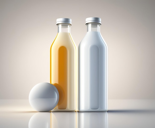 A bottle of orange juice and an egg are next to a bottle of white liquid