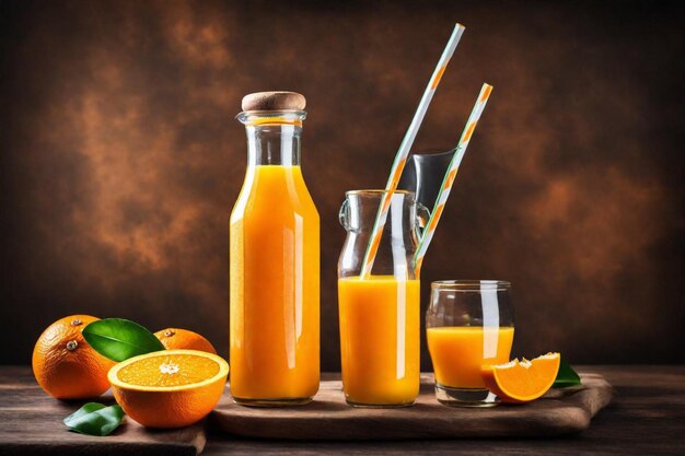 Photo a bottle of orange juice next to a glass of orange juice