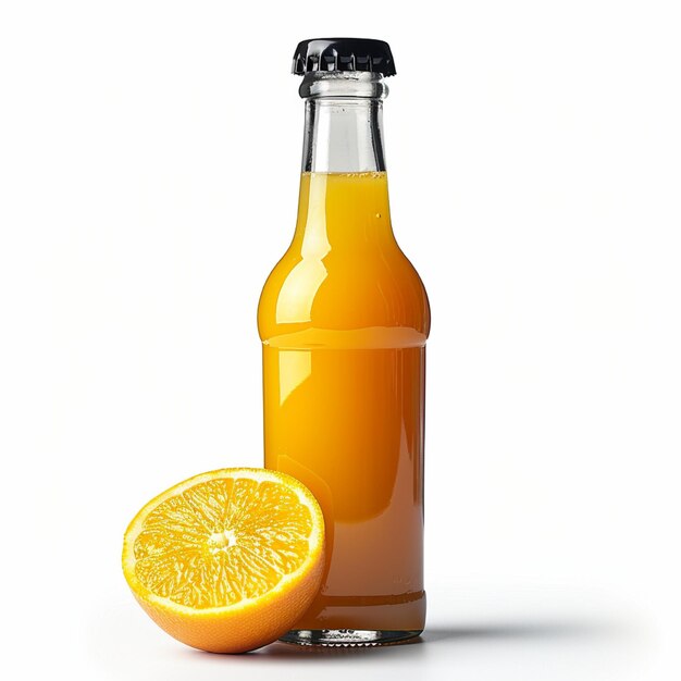 Photo a bottle of orange juice next to a half orange