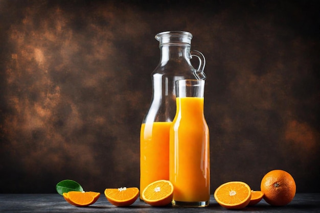 Photo a bottle of orange juice next to an orange and some oranges