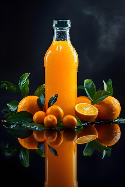 Bottle of orange juice with fresh oranges and leaves on black background