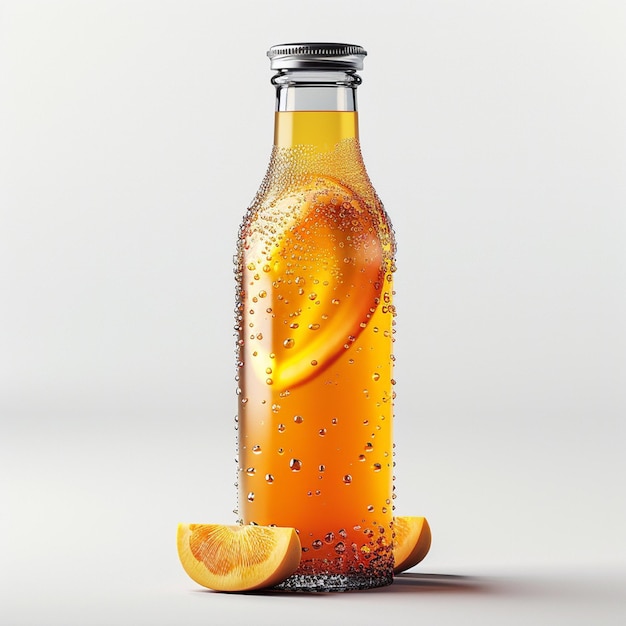 Photo a bottle of orange juice with a lemon wedge on the side