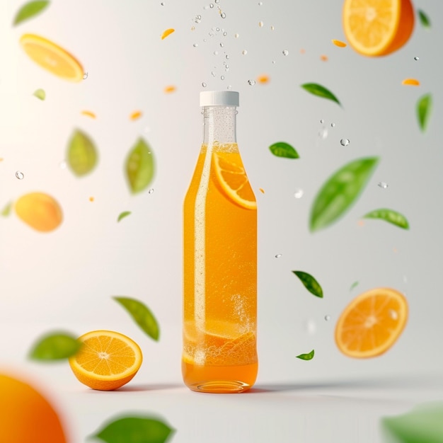 Bottle of orange juice with orange tree leaves