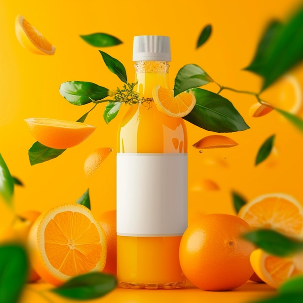 Photo bottle of orange juice with orange tree leaves