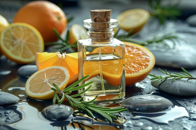 Photo a bottle of orange and lemons on a table