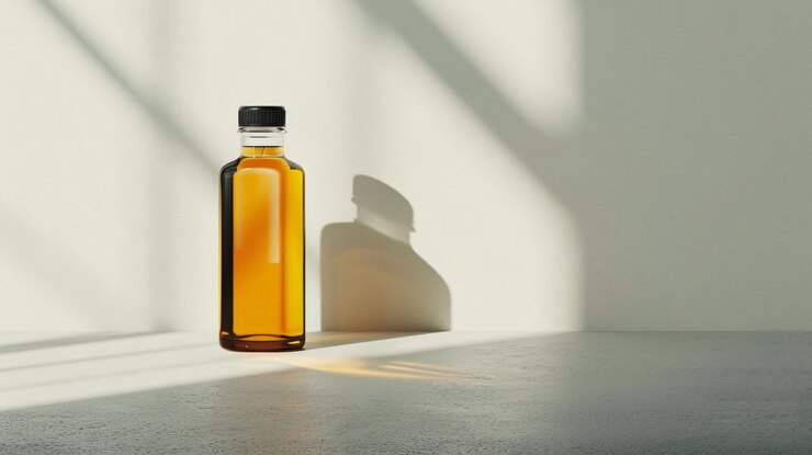 Photo a bottle of orange liquid sits on a table