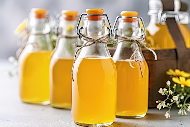 A bottle of orange liquid with a basket of olive oil in the background.