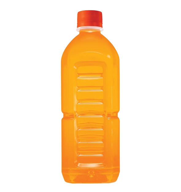 A bottle of orange liquid with a red cap on the top