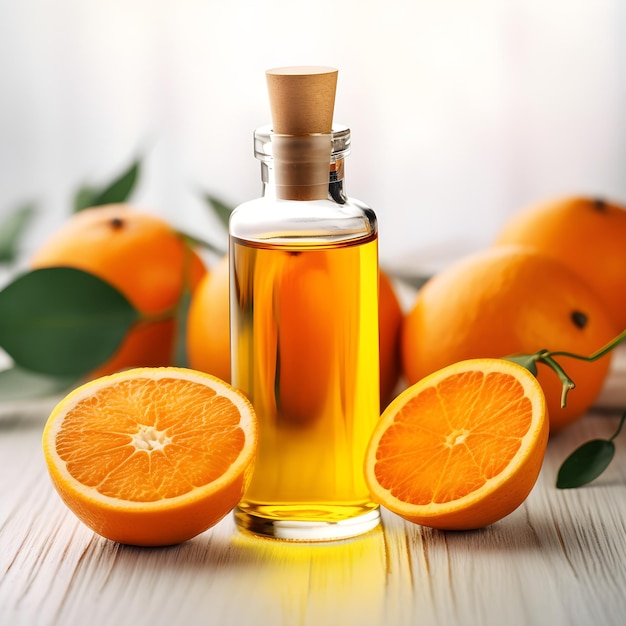 A bottle of orange oil next to a bottle of oranges.