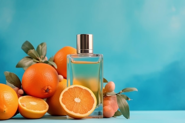 A bottle of orange perfume next to a bunch of oranges