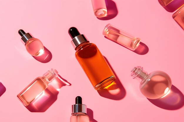 A bottle of orange perfume on a pink background