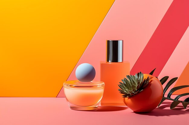 A bottle of orange perfume with a red tomato on the top