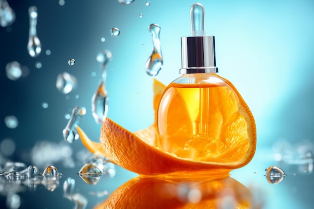 A bottle of orange perfume with a slice of orange on the side.